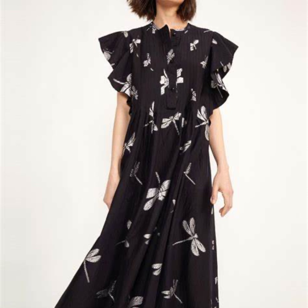 CYNTHIA ROWLEY DRESS CAFTAN BLACK WITH SILVER DRAGONFLIES
